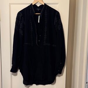 Madewell silk pop over Black Embroidered Blouse tunic xL NWT gorgeous!